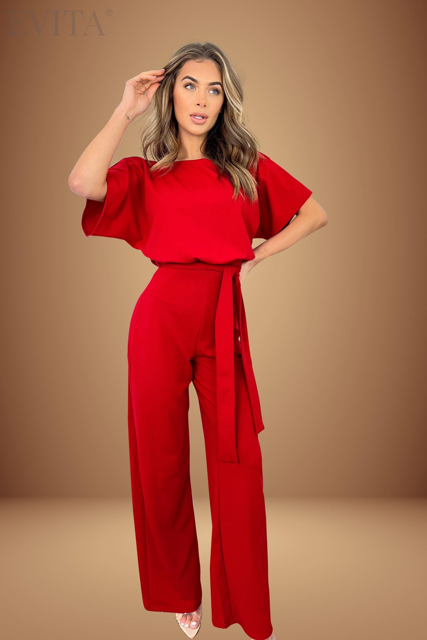 Batwing Belted Jersey Jumpsuit with Tie Belt