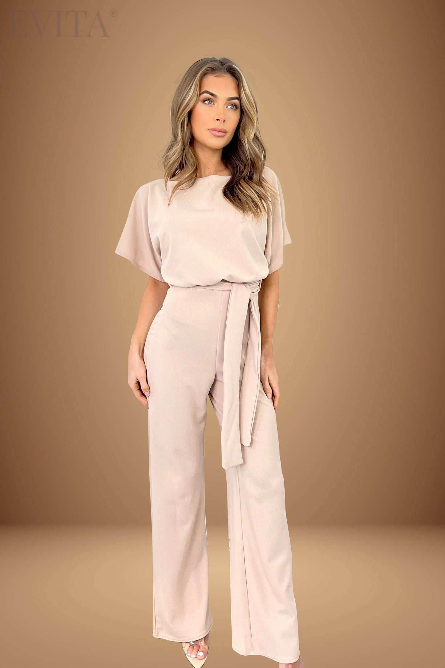 Batwing Belted Jersey Jumpsuit with Tie Belt