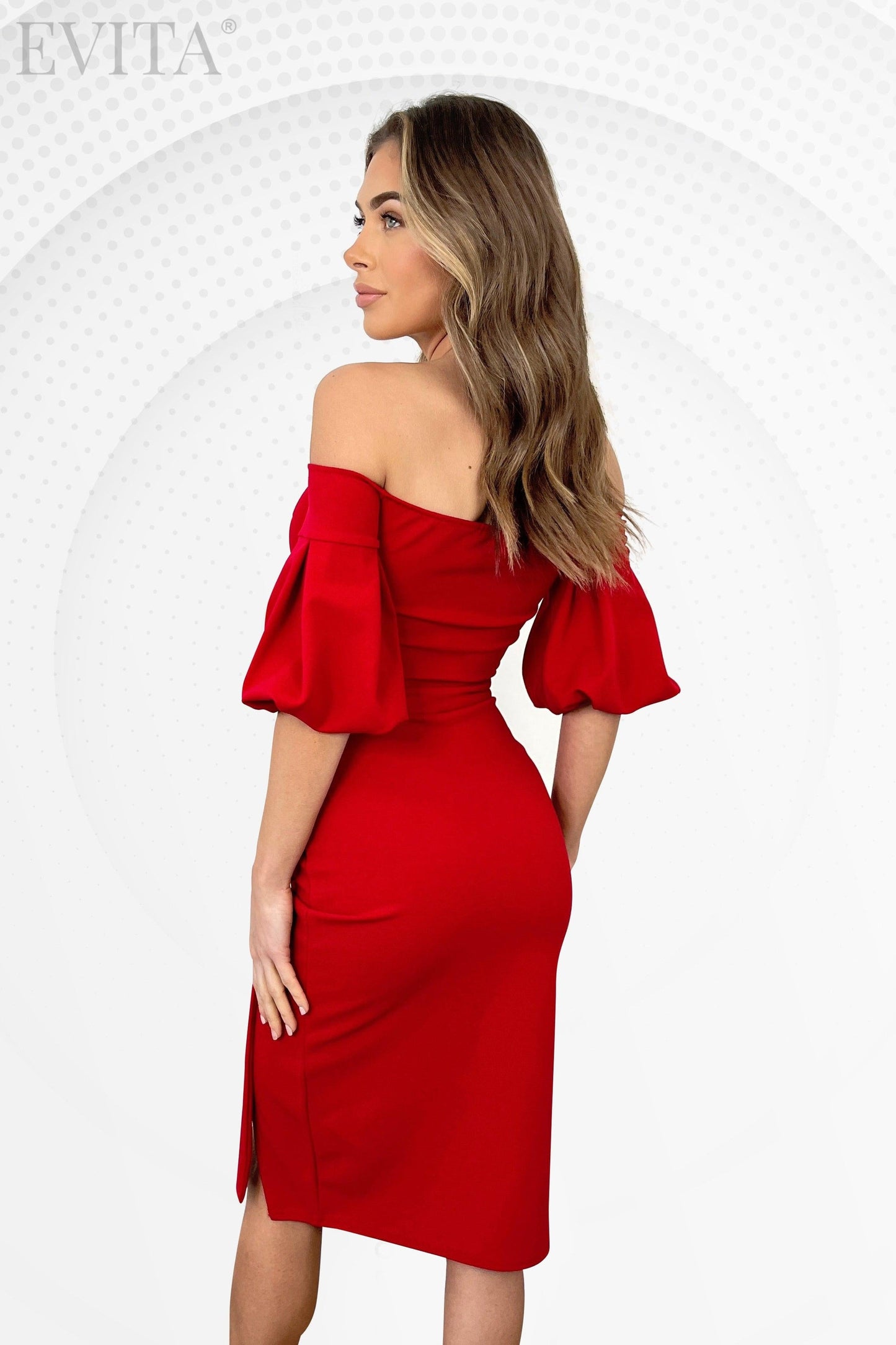 Off-Shoulder Bardot Puff Sleeve Crepe Midi Dress