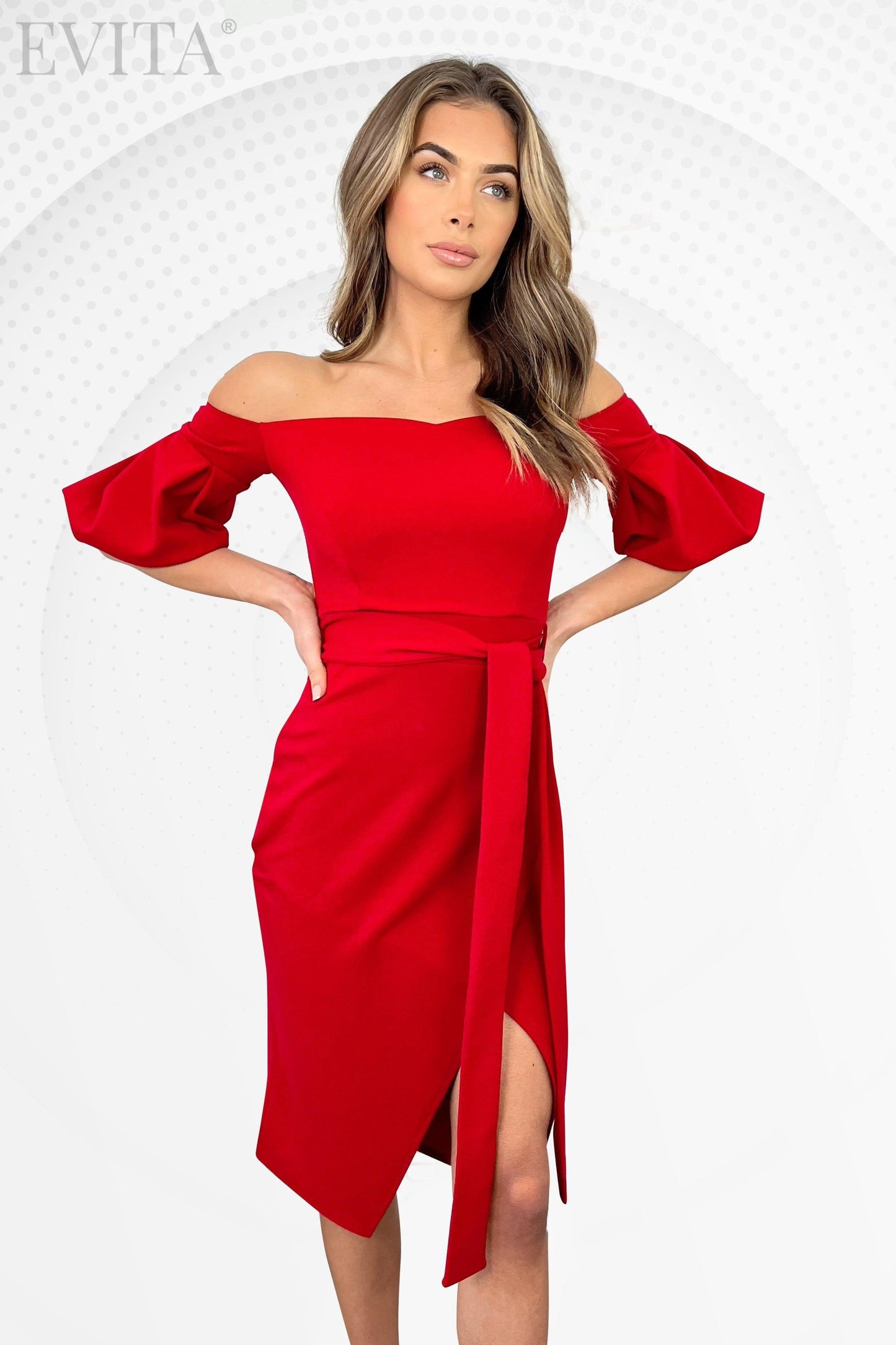 Off-Shoulder Bardot Puff Sleeve Crepe Midi Dress