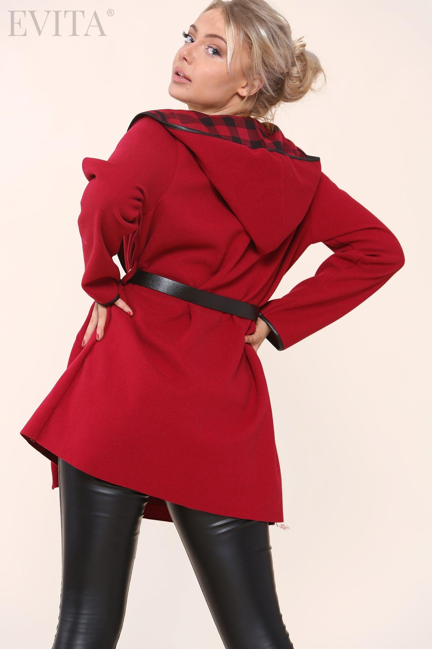 Plain Check Lined Wool Look Hooded Coat with Belt