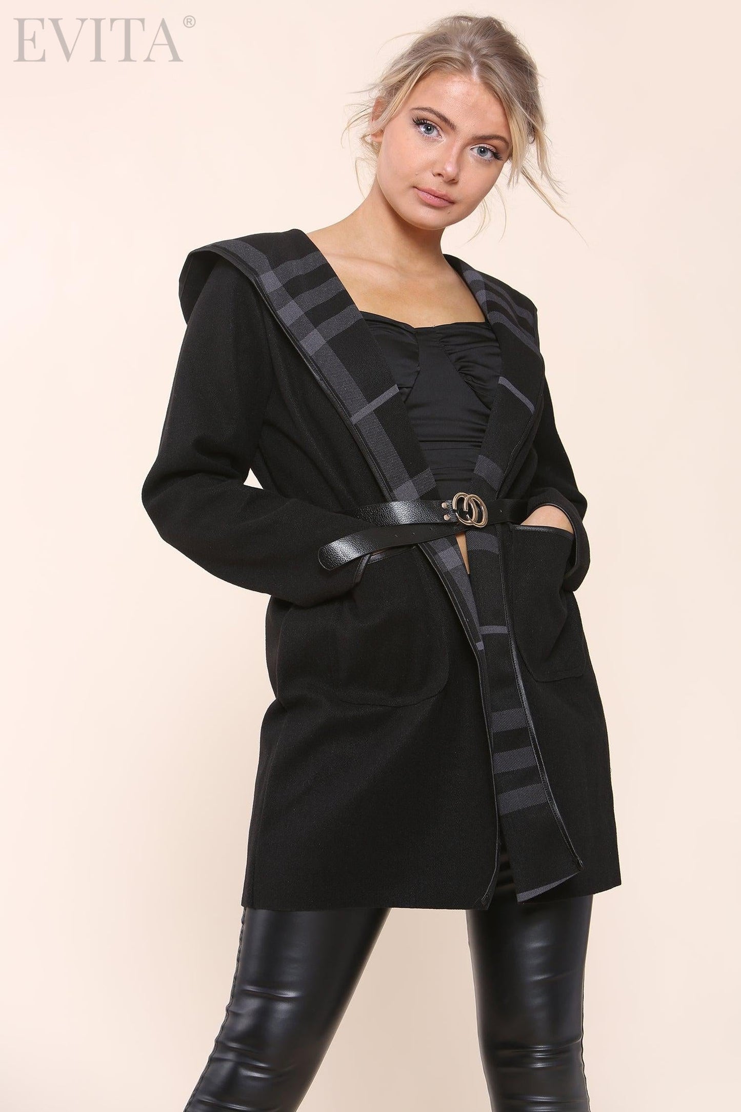 Plain Check Lined Wool Look Hooded Coat with Belt