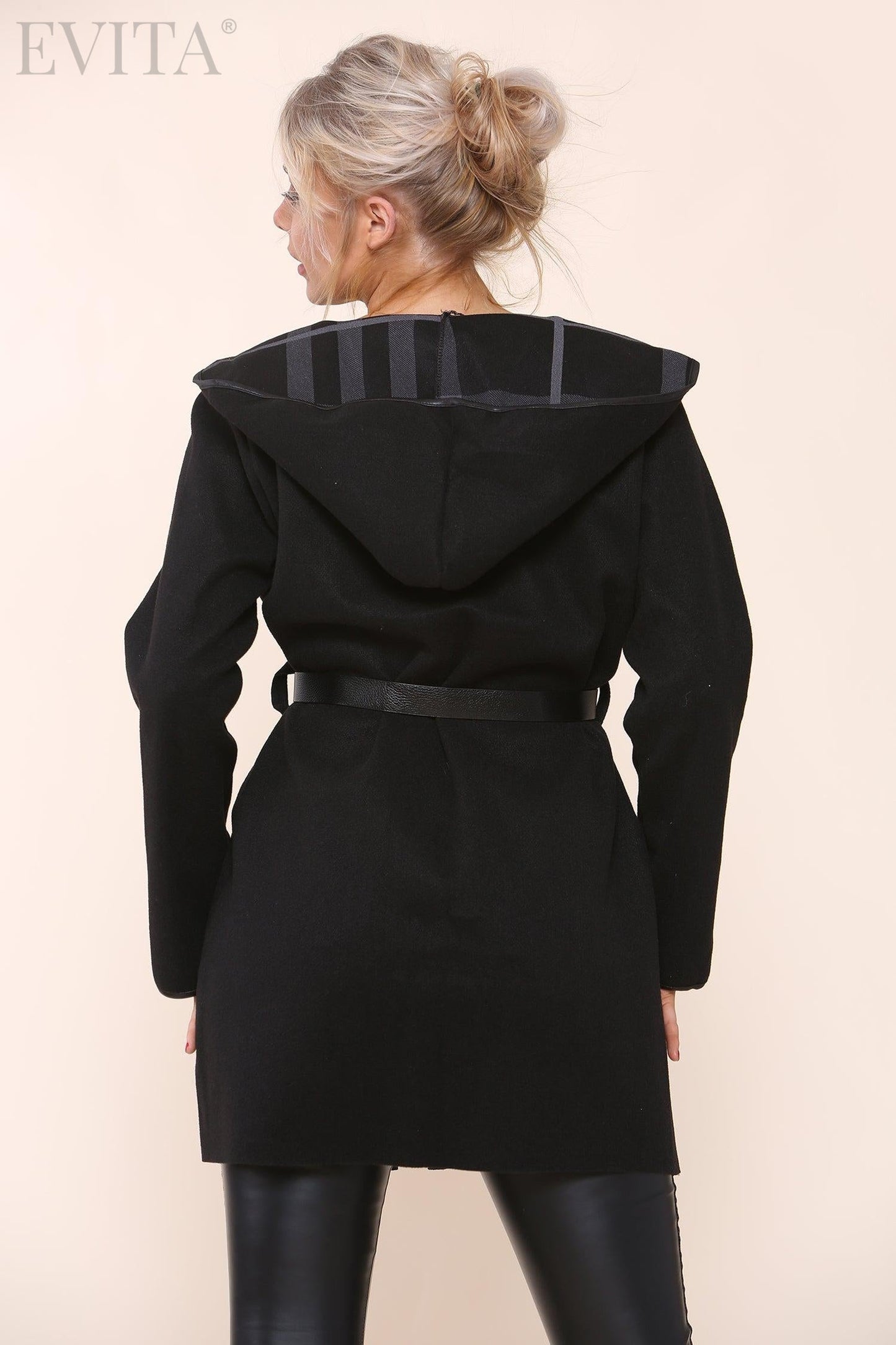 Plain Check Lined Wool Look Hooded Coat with Belt
