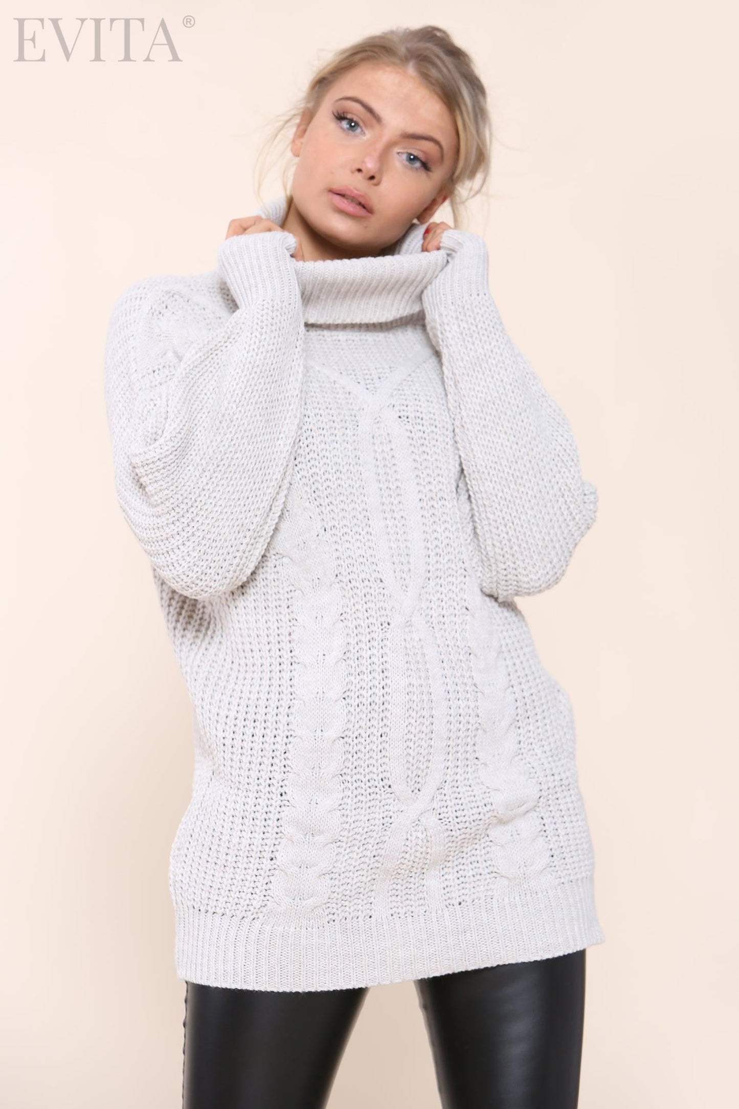 Cable Knit Long Sleeve Polo Neck Jumper Dress
