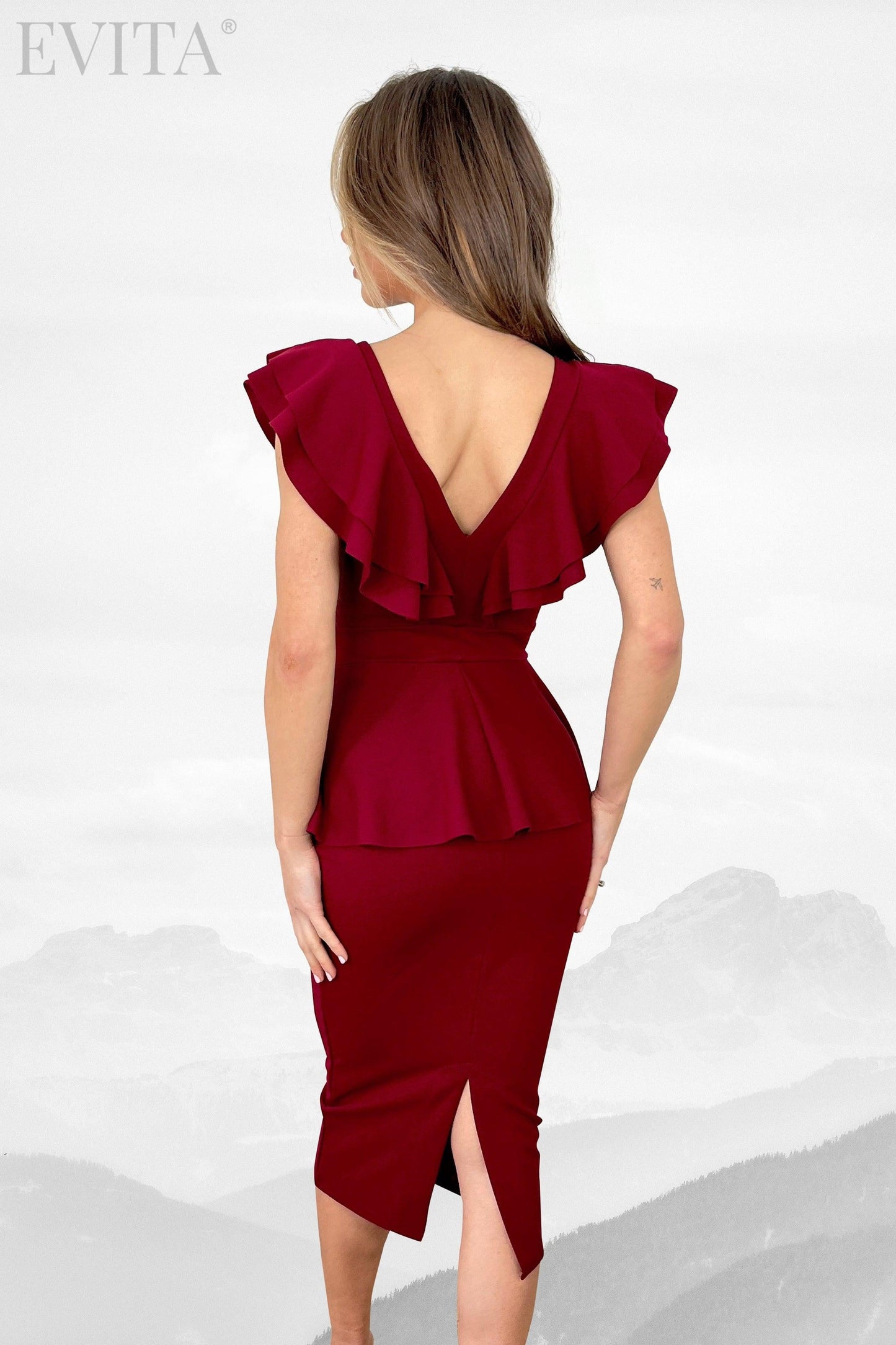 Double Frill V Neck Peplum Midi Dress