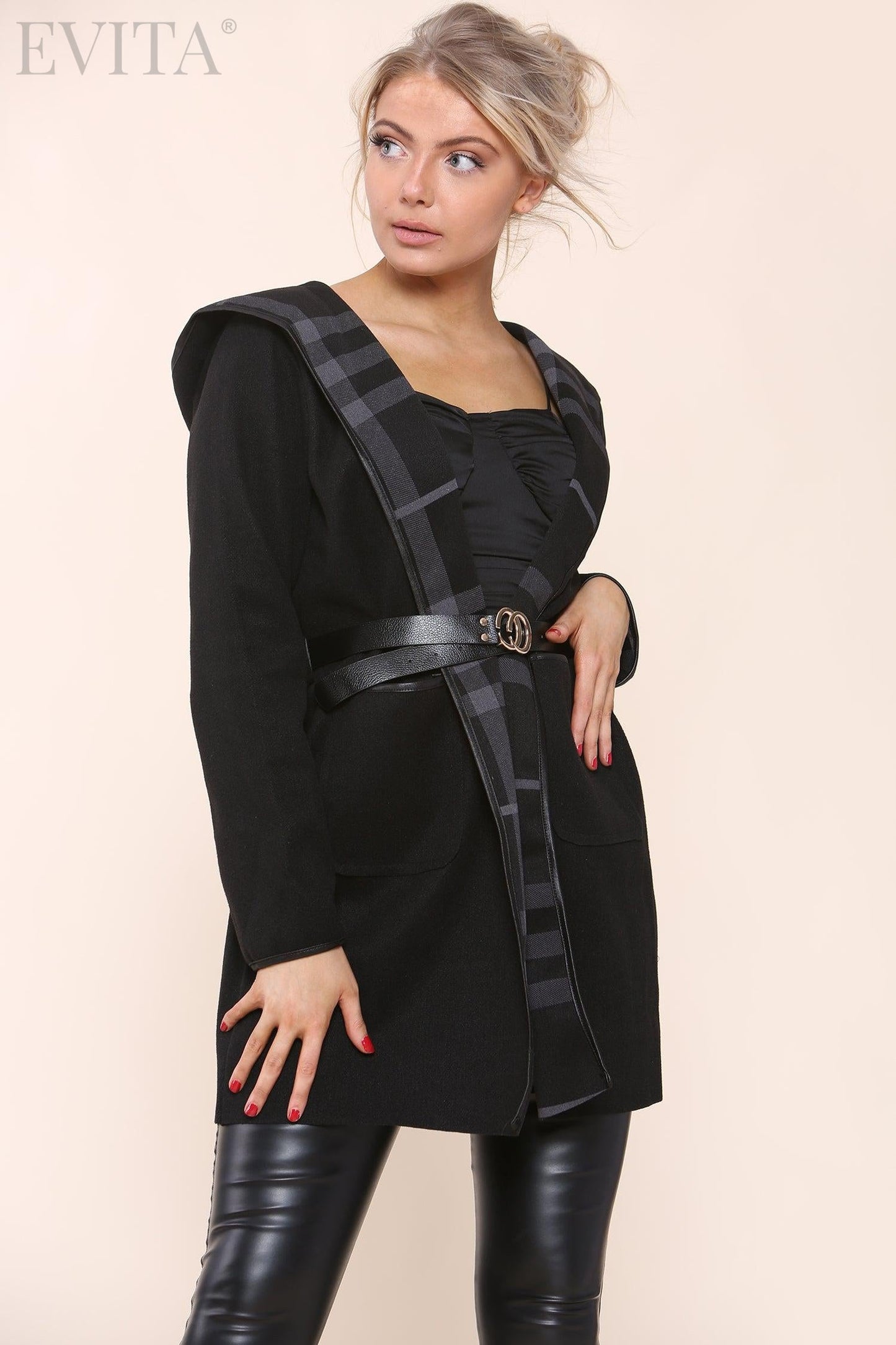 Plain Check Lined Wool Look Hooded Coat with Belt